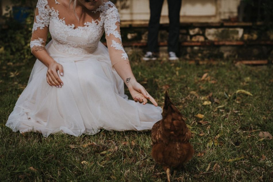Mariée croisant une poule dans un mariage intimiste dans le Gers